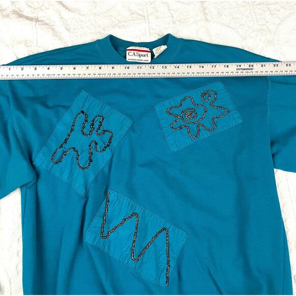 VTG Pullover Sweater MEDIUM Blue Satin Patches Sweatshirt CA Sport Women's - Picture 5 of 13